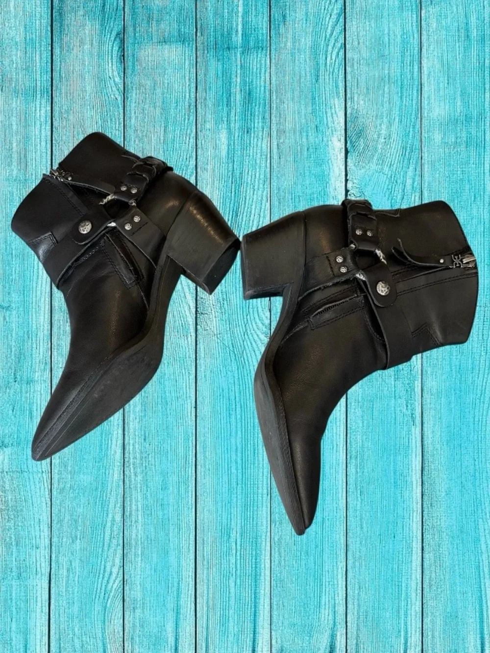 Sam Edelman Riker Vaquero Saddle Black Leather Pointed Toe Harness Ankle Boots